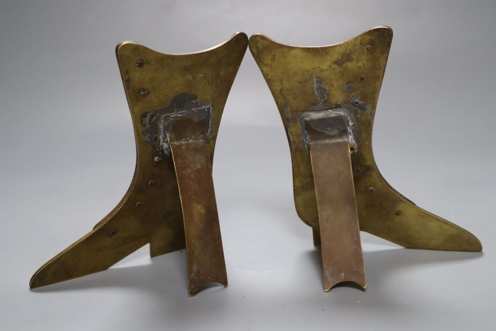 A set of three Victorian papier mache snuff boots, 8cm, a bank nameplate and ornamental brassware (8)